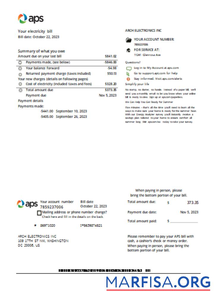 Printable Arizona APS electricity proof of address utility business bill SCR sample